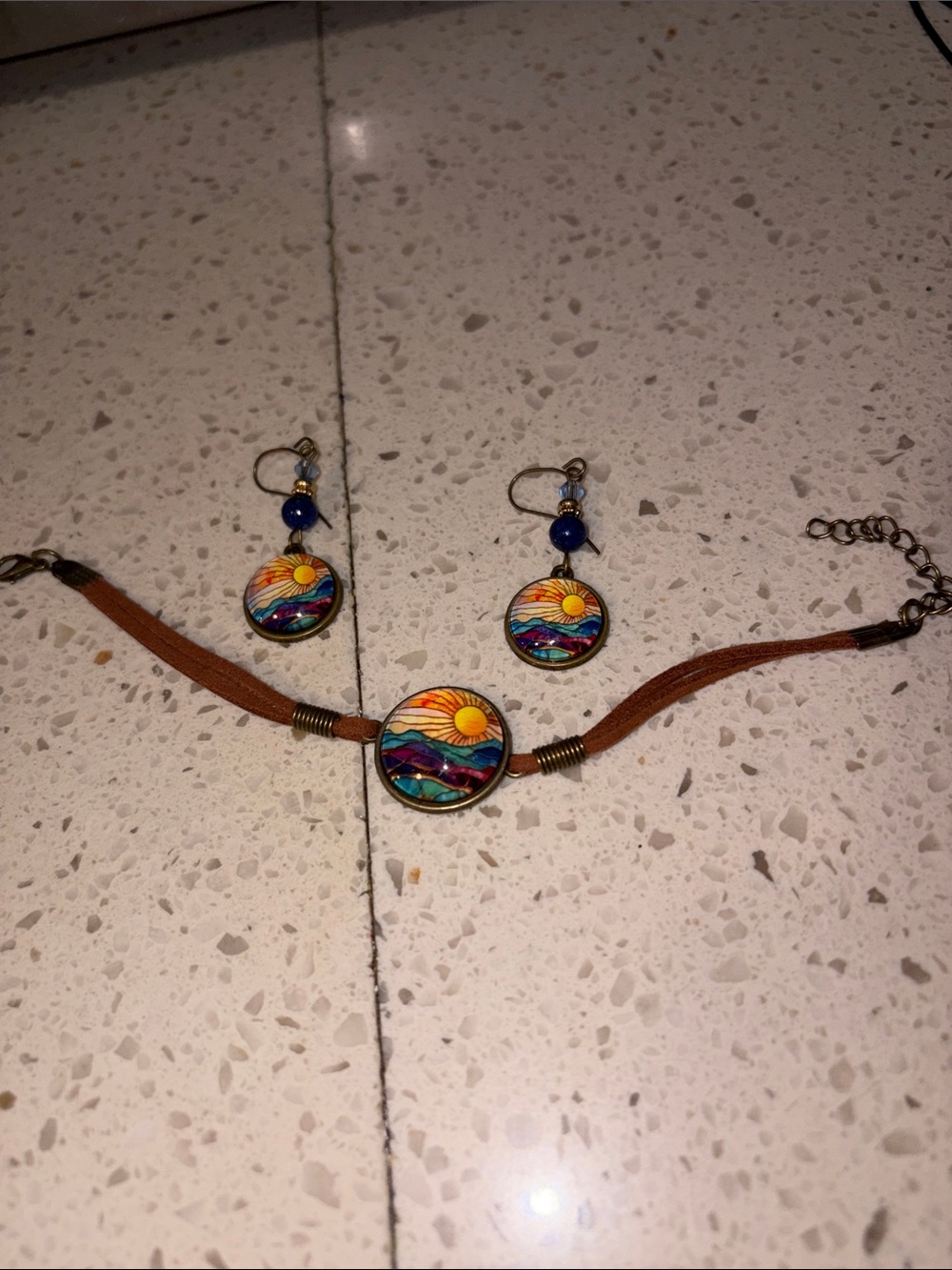 Sunset Landscape Pendant Bracelet and Earrings Set in Brown and Multicolor